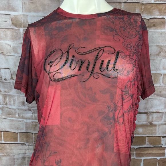 Sinful By Affliction Sheer Short Sleeve T-Shirt - Red / Black - Large / XL -NWT - Picture 3 of 9